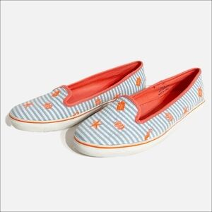 Sperry Embroidered Sea Motif Slip On Canvas Sneaker Shoe Blue Orange White 💙🧡🤍